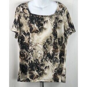 7W Pullover Top Tee 1X Brown floral embellished Short sleeve Square Neck boho